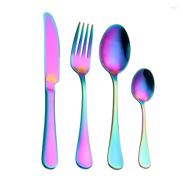 Set di posate 4 pezzi / set di stoviglie portatile stampato in acciaio inossidabile multicolore cucchiaio forchetta coltello da viaggio posate da tavola con colorato