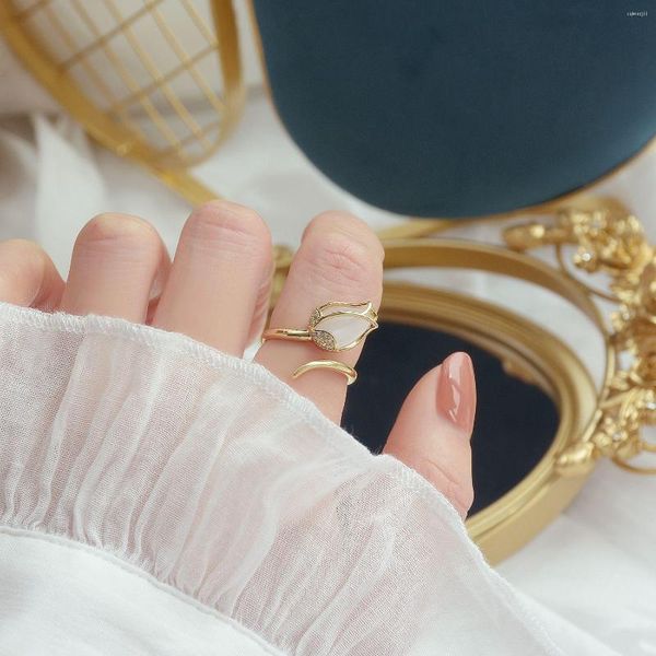 Кластерные кольца Корея дизайн модные украшения 14K золото, покрытие опал -кольцо, элегантное ежедневное открытие женского ежедневного открытия Регулируемое простые
