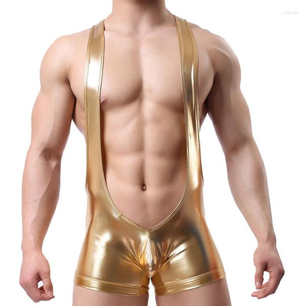 Unterhosen Sexy Männer Unterhemd PU Wrestling Singlet Overall Hosenträger Kunstleder Einteilige Clubwear Bodysuit Dessous Strampler Unterwäsche