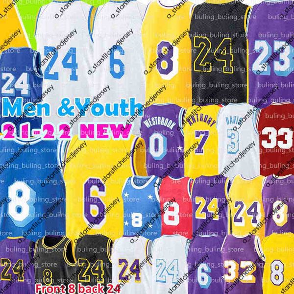 Camisas de beisebol Carmelo Anthony Jersey 7 8 24 33 3 Davis 6 Camisas de basquete 0 23 Russell Westbrook Bryant Gold White Purple Retro Men Kid Youth Bordado