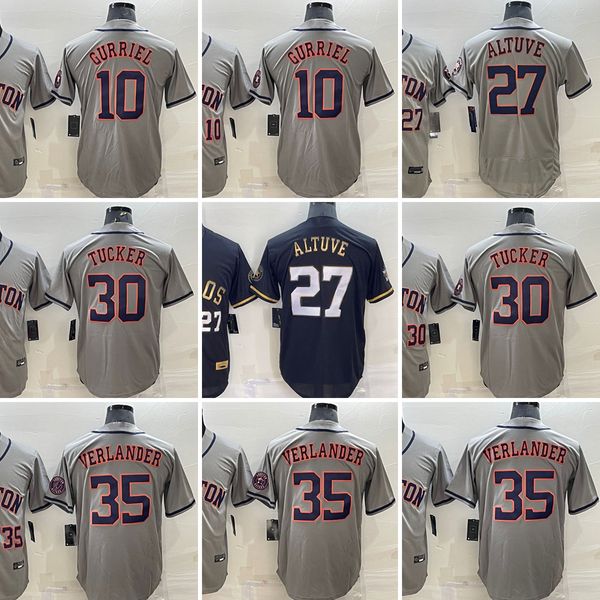 30 Kyle Tucker 2023 New Baseball Jersey 27 Jose Altuve 10 Yuli Gurriel 35 Justin Verlander 44 Yordan Alvarez Maglie grigie cucite in bianco