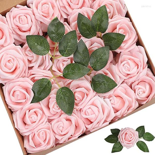 Flores decorativas Artificial 25pcs de aparência de marfim de aparência real rosas falsas com hastes para buquês de casamento diy decoração de festa de chuveiro branca