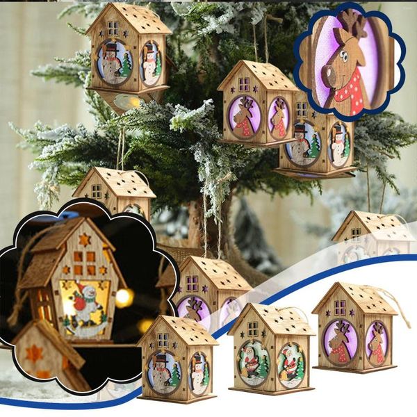 Decorações de Natal Árvore Cabine Luminous Pingente Xmas de madeira Diy Small House Decoration Fairy Night Lamp Props #4