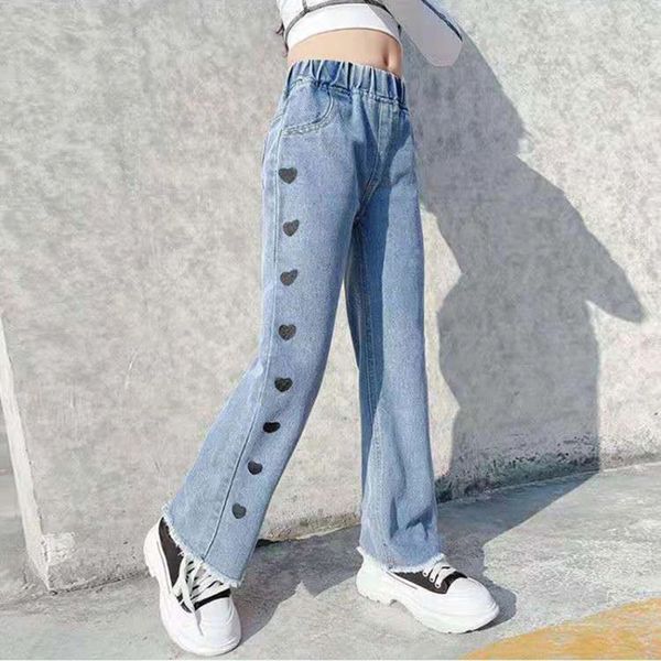 Jeans, menina larga perna larga, calças de jeans de calças fora de calça longa roupas de calça longa outono da primavera 221203