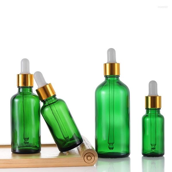 Garrafas de armazenamento 5-100 ml garrafa de gotas verde azul marrom líquido de tampa dourada para pipeta essencial recarregável