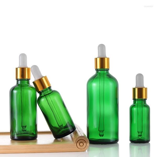 Bottiglie di stoccaggio Flacone contagocce da 5-100 ml Verde Blu Marrone Vetro Coperchio dorato Liquido per pipetta essenziale ricaricabile