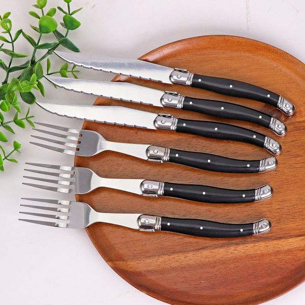 Conjunto de utensílios de jantar de 6 facas de bife de aço inoxidável e garfos de talheres de aço de laguiole completo conjunto com alça de abdomouro preto 221203