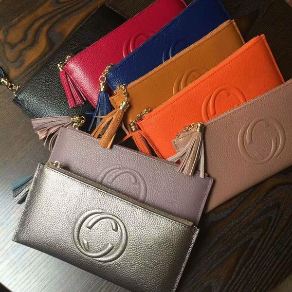 Mode einfache ultradünne Lederhandtasche mit Fransen Damen langer Reißverschluss weiches Rindsleder Handtasche Brieftasche Karte neuer Stil