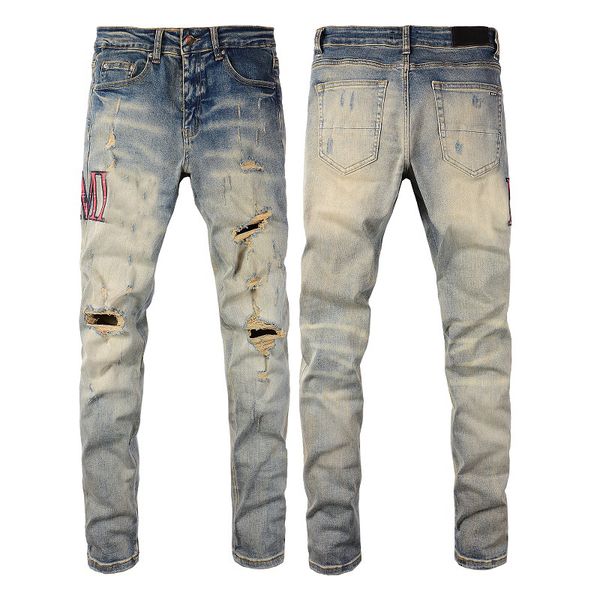 2022 listagem mais recente jeans skinny para homens rasgou grandes buracos de motocicleta vermelha de motociclista de jeans bordados bordados homens designer de moda Hip Hop tamanho 28-40