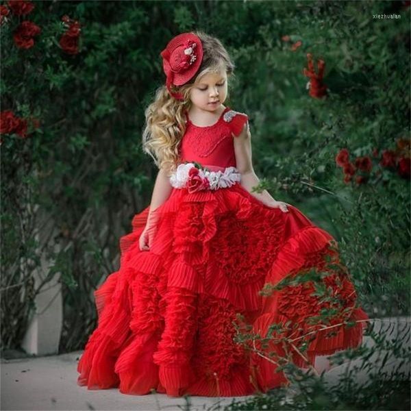 Vestidos de menina adorável flor vermelha ocasião especial para casamentos, vestidos de concurso, vestidos de concurso de cano de renda Aplique Primeira Comunhão Vestido de Comunhão