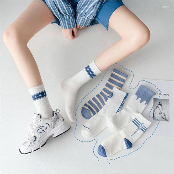 Mulher Socks Sports Fashion Cotton Blue Series Japanese Harajuku Streetwear Feminino Feminino Solid Girl Spring Korean Spring