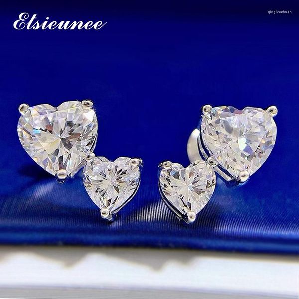 Brincos de garanhão Elsieunee Sparkling sólido 925 prata esterlina coração duplo coração simulado Moissanite Diamond Wedding Women Jóias finas