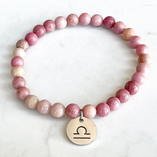 Pulseiras de link MG1748 Moda Womens Libra Zodiac Bracelete 6 mm Rhodonite chakra ioga pulso mala mala feita de jóias de pedras preciosas naturais