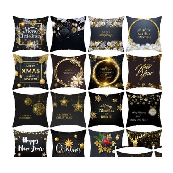 Almofada/travesseiro decorativo Fashion Moda Black Gold Christmas Caso de Natal Pronha de impressão de floco de neve Feliz ano MTI Style 4 2JZ H DHRP3