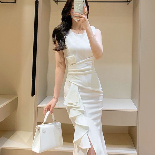 Abiti da festa Moda estiva Stile coreano Senza maniche Bianco Donna Elegante Ufficio da donna Ruffle Solid Oneck Slim Fish Tail Long 221203