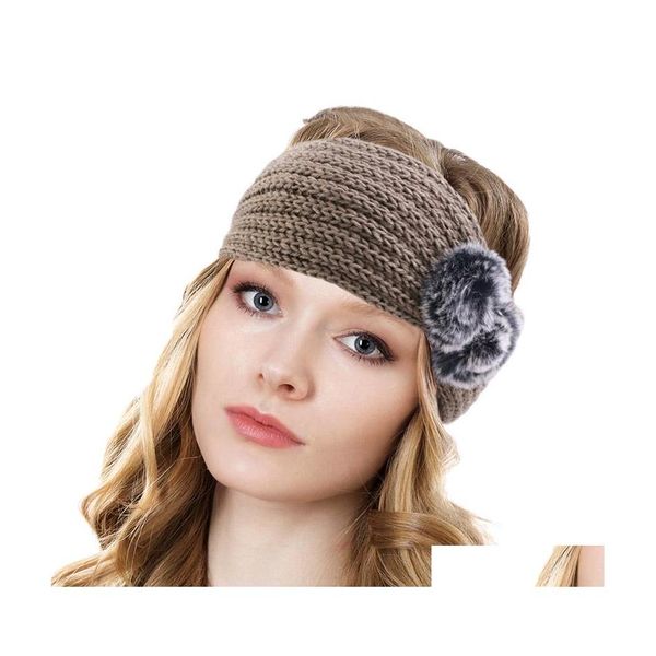 Fasce per capelli Scalda orecchie invernali Pompon di coniglio Copricapo Moda donna Fascia per capelli lavorata a maglia Fascia elastica per capelli Largo Accessori per turbante all'uncinetto Dhxan