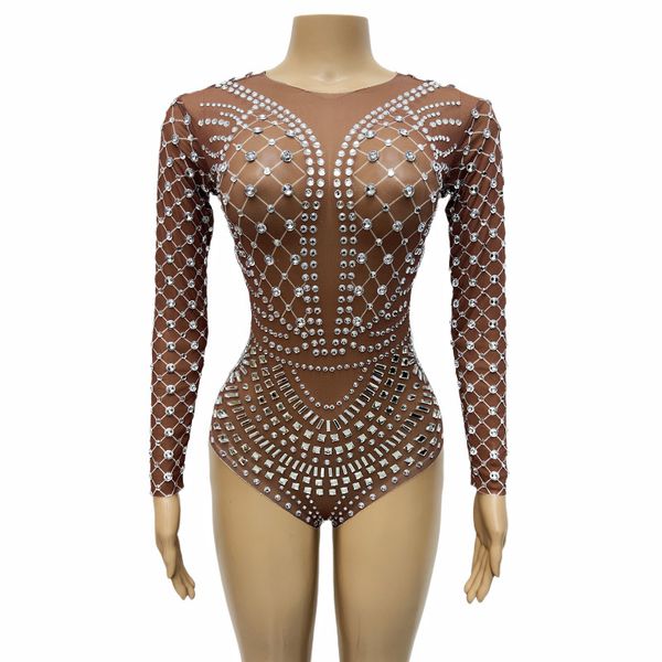 Sexy Nightclub Bar Stage Wear Shining Rhinestones Mesh Mesh Bodysuit transparente Cristais Elastic Leotards Dance Costume feminino DJ Dan dan￧arino Tights Performance Tights