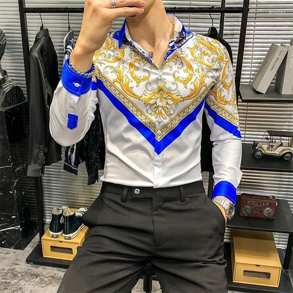 Camicie casual da uomo Seta blu oro Elegante abbigliamento di design di lusso Camicia da uomo in raso retrò reale con camicetta vintage barocca liscia stampata