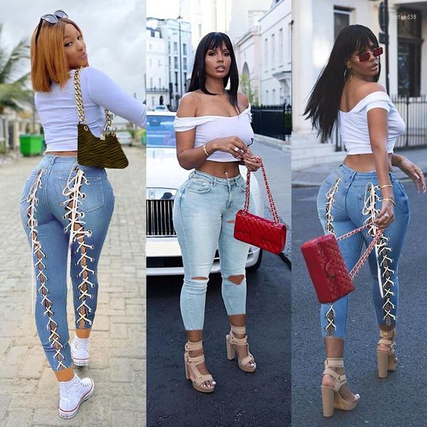 Damesjeans Blauw Gescheurd Mager Dames Zomer Sexy Back Hollow Out Lace Up Hoog getailleerde Vrouw Mode Bandage Denim Potloodbroek