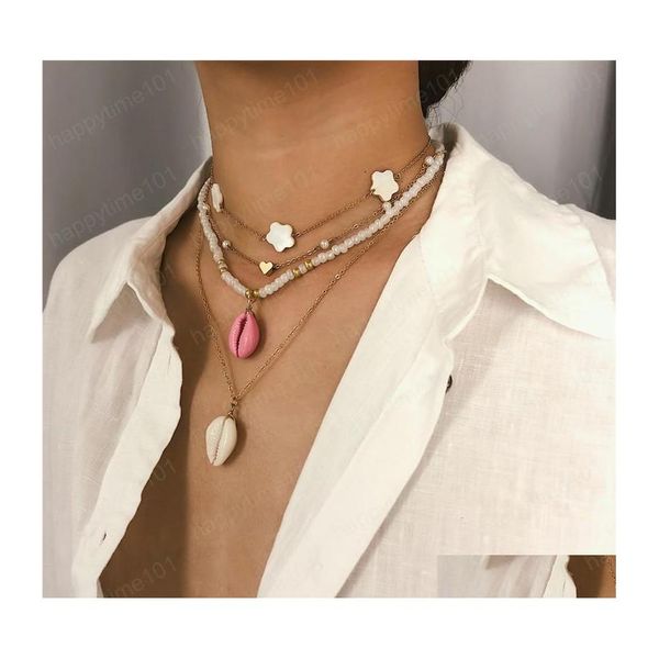 Sautoirs 2pcs / set bohème perles blanches collier ras du cou coréen mti couche coeur coquille pendentif longue chaîne amant bijoux livraison directe ne dhyei