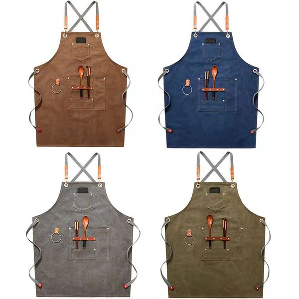 Фартуки Canvas Bib кожаный шеф -повар кухонный фартук женщины мужские бариста бармены карманы дома парикмахерский кофейный ресторан защитник Pinafore 221203