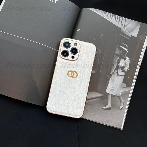Moda Lichee Desen Deri C Vaka Tasarımcı Telefon Kılıfları Lüks Altın Harfler Phonecase Kapak Kabuk IPhone 14 Pro Max Plus 13 12 11 Üst