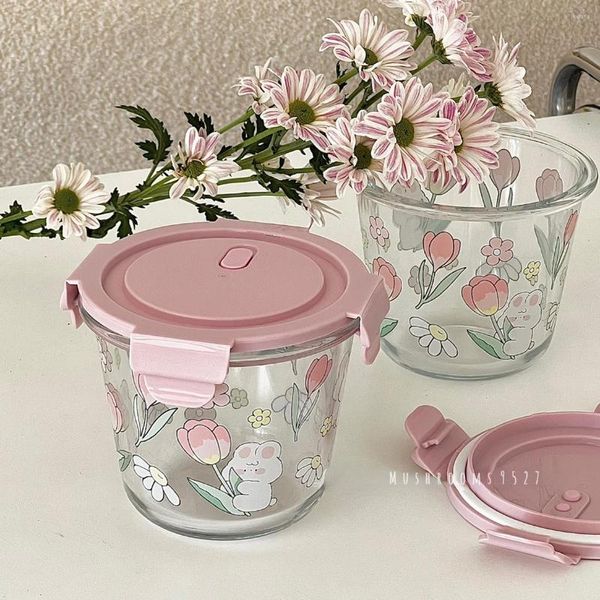 Schüsseln, handbemalt, rosa, zart, versiegelt, große Frischhalteschüssel aus Hochtemperaturglas, Lunchbox