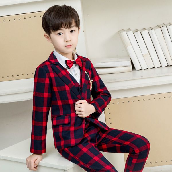 Abiti Set formale per bambini Spettacoli per ragazzi Costume da sposa Bambini Plaid Tuxedo Gilet Camicie Pantaloni Papillon Set di vestiti 221205