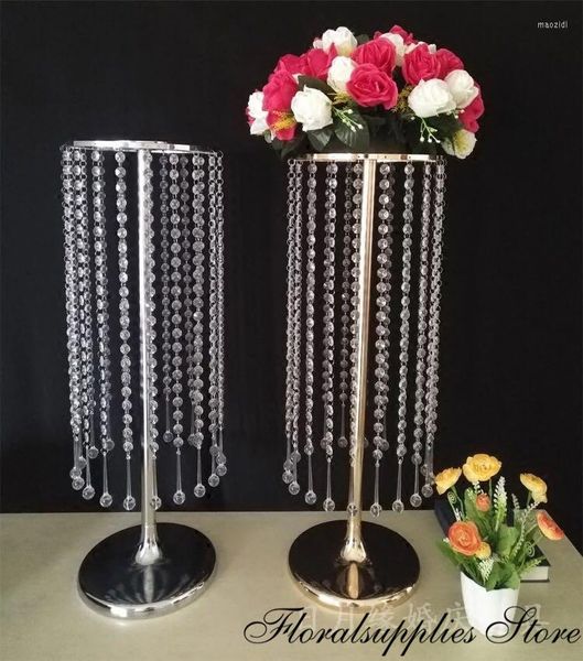 Decoração de festa 10pcs com 60 cm de altura Flor de casamento lustre de vasos de metal com pingentes de miçangas acrílicas