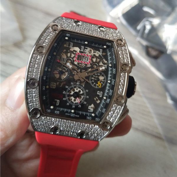 Nova chegada relógio esportivo masculino de alta qualidade relógios masculinos relógio de pulso mecânico esqueleto dial diamantes moldura pulseira de borracha preta 020-2