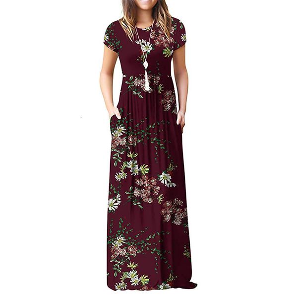 Платья для вечеринок Женщины с коротким рукавом плиссированная империя талия круглая шея цветочные макси -карманы платье 221203