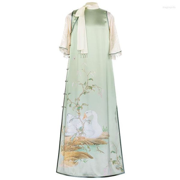 Abbigliamento etnico orientale verde finta seta nappa mezza manica abiti cheongsam stile cinese donna 2022 elegante casual principessa Qipao