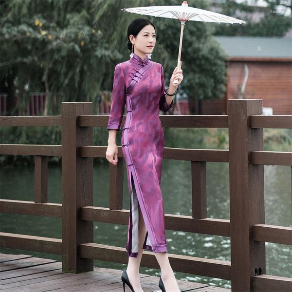 Этническая одежда 2022 Традиционные платья китайское платье Женщины Cheongsam Sexy Split Style Purple Long Dlives Vintage A400