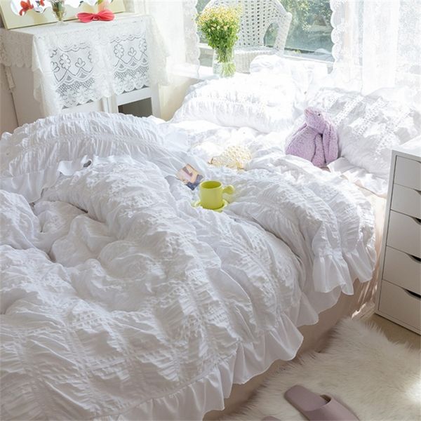 Bedding Sets Seersucker Princess Girl Kawaii Set Lovely Ruffles Home Woman Duvet Cover Luxury Solid Color Pleated S 221205