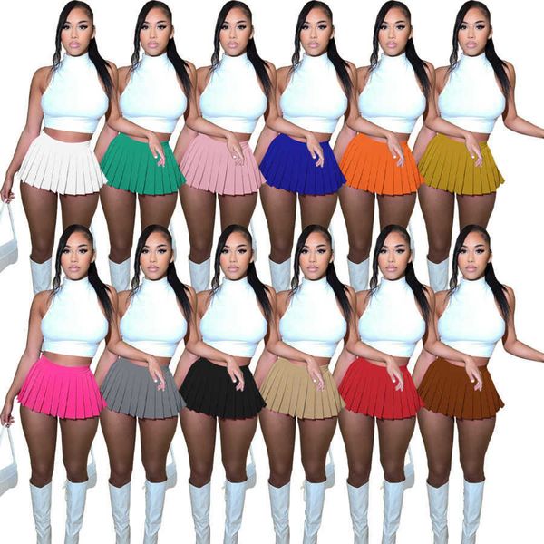 Designer de trajes femininos New 2023 Summer moda moda de cor sólida colorida sem mangas saia plissada de duas peças conjuntos de saia femininos 12 cores