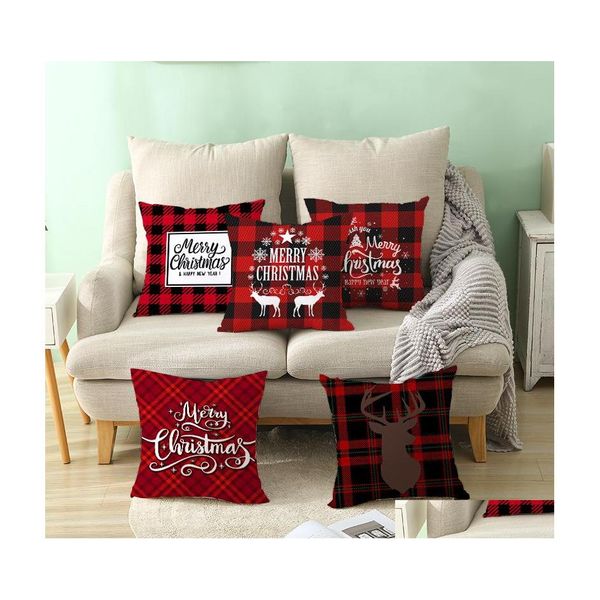 Travesseiro Fazenda Fazenda de Natal Caixa de travesseiro Cabeça de veado impressa Red Lattice Sofá Frovera quadrada almofada decorativa ER H DH9DE