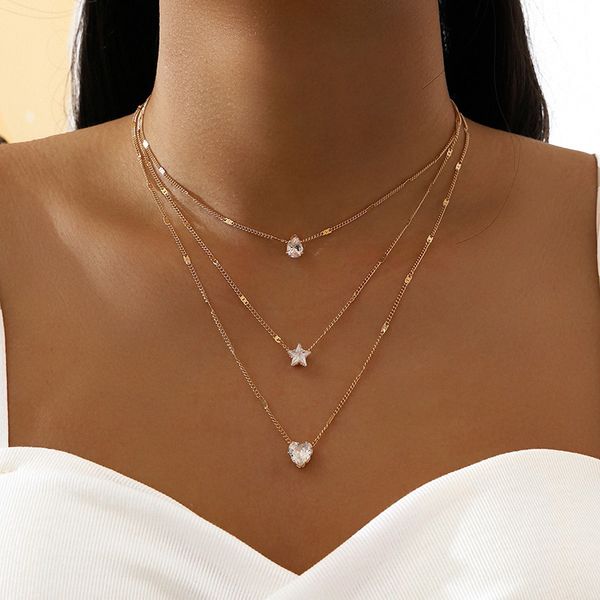 Cristal Zircon Heart Star Star Charme Colar em camadas de colar para mulheres Charms Fashion Square Rhinestone Female Vintage Jewelry