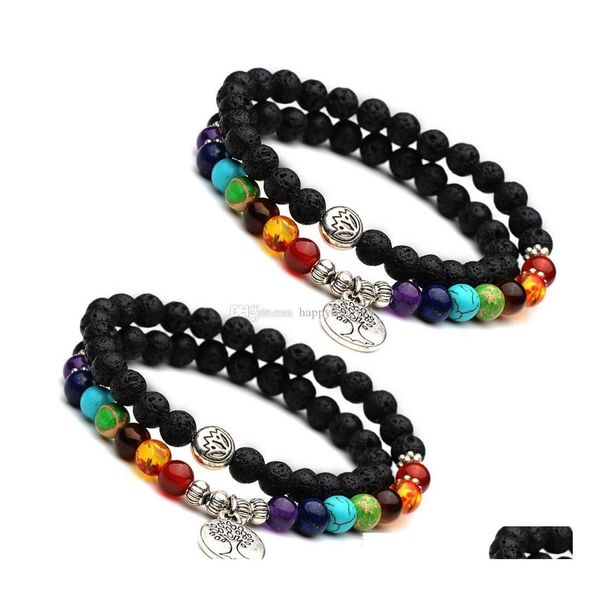 Braccialetti con ciondoli 7 Chakra 6Mm Pietra lavica nera Braccialetto con diffusore di oli essenziali per aromaterapia fai-da-te Bracciale elastico con ciondoli albero della vita Dhqxj