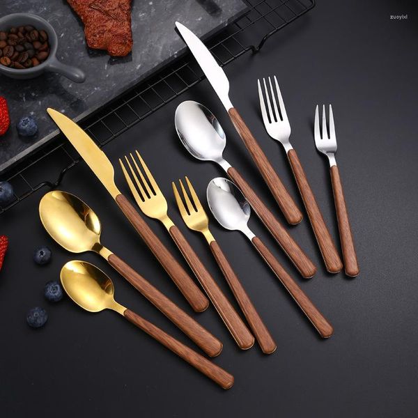 Conjuntos de utensílios de jantar imitação de aço inoxidável Wood Wood Western Tableware Japanese Square Handle Biften Faca colher