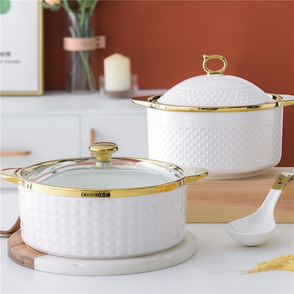 „Simplicity Gold Rim Suppenschüssel: Großer weißer Keramik-Suppentopf mit Deckel für den Restaurantgebrauch – Eleganter binauraler Schmortopf für das Kochen im Haushalt“