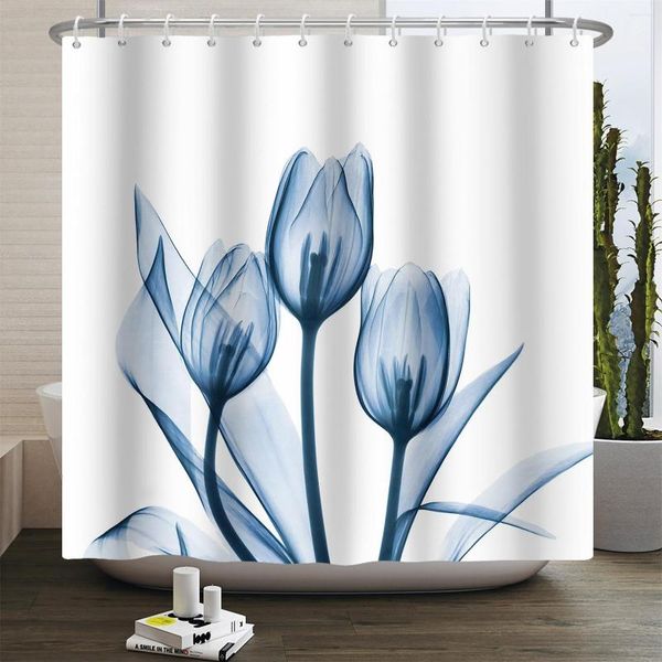 Duschvorhänge, eleganter Tulpenvorhang, Blume, Polyester, wasserdichter Stoff, florales dekoratives Badezimmer mit Haken, 180 x 180 cm