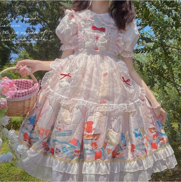 Lässige Kleider japanische Sommer süße JSK Lolita Kleid Frauen Kawaii Spitzenbogen Cartoon Print Maid Prinzessin Frau Langarm Party
