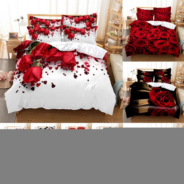 Set di biancheria da letto Red Rose Set Quilt Copripiumino Consolatore Federa 3D HD Double Full King Queen Twin Single 3PCS 2PCS Camera da letto Fiore 221205