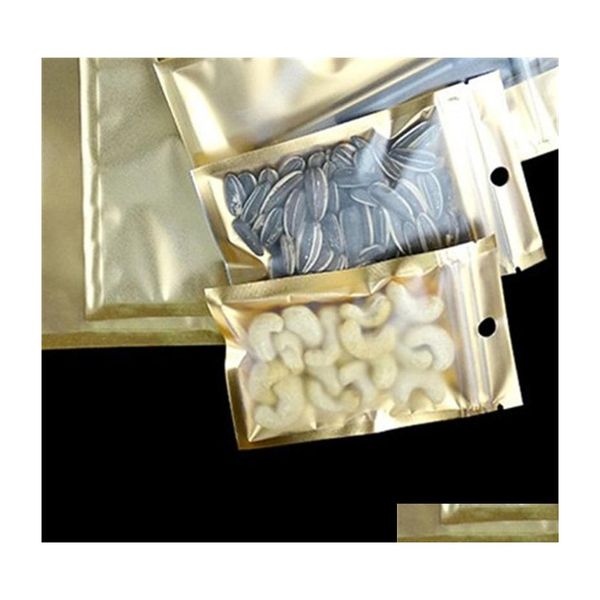 Sacchetti di immagazzinaggio 8X13Cm Sacchetti di plastica dorati Richiudibili opachi/trasparenti Alimenti secchi Borsa con cerniera a prova di odore di caramelle con foro per appendere 100 pezzi/L Dhfh3