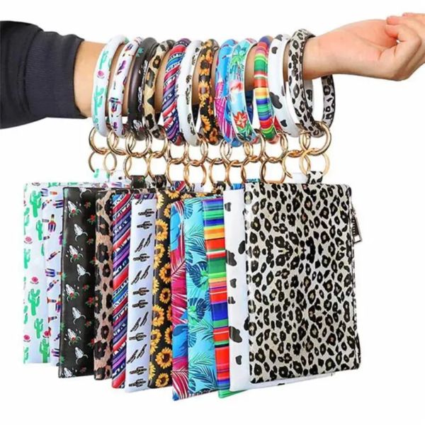 Pulseira PU Chaveiro Festa Favor Couro Chaveiro Pulso Carteira Rodada Leopardo Bolsa Pingente Bolsa Moeda Moeda Maquiagem Bolsas Presente