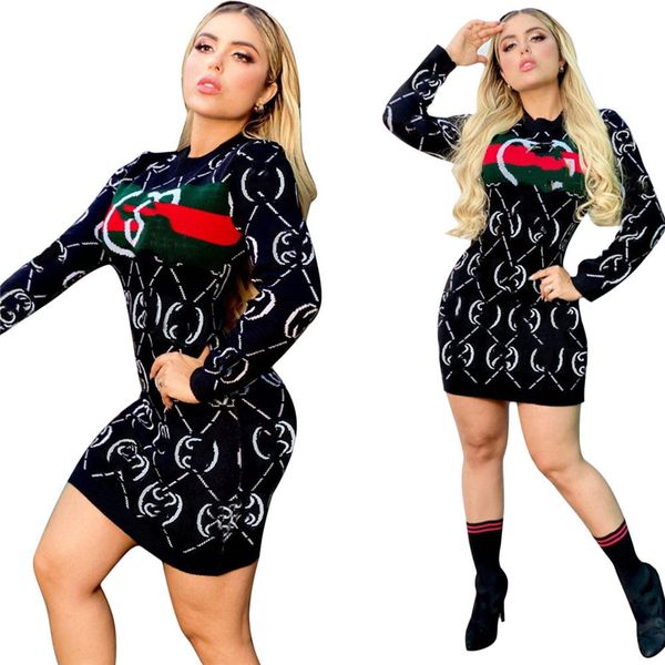 2024 Designer-Pullover Kleider Frauen Herbst Winterkleidung ein Stück Outfit Bodycon Mini Kleider Print Strickkleid Club Robe Langarm Vestidos Großhandel 9081-3