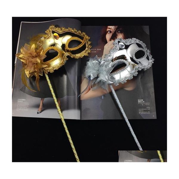 Maschere per feste Maschera per donna su bastone Eyeline sexy Mascherata veneziana Festa con paillettes Bordo in pizzo Fiore laterale Oro argento Colore