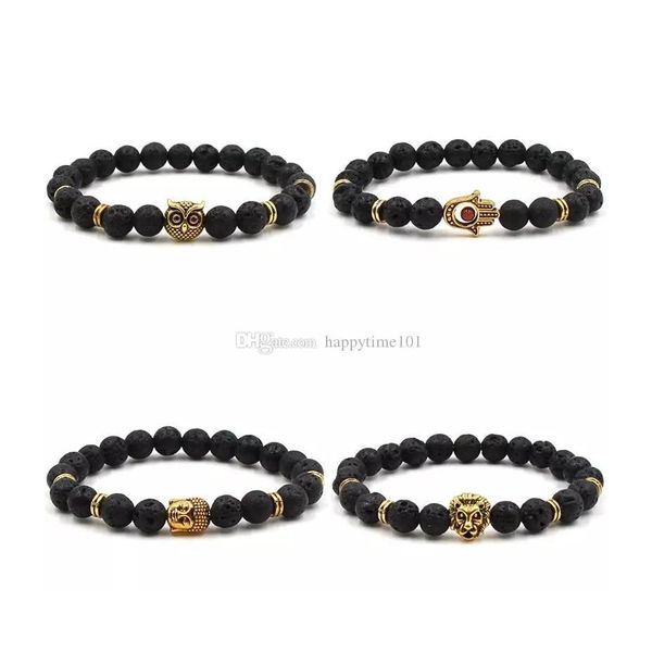 Perlen Unisex Casual Mode Lava Rock Perlen Armband Eule Buddha Löwe Hand Armbänder 8 Mm Legierung Naturstein Armreifen Für Frauen Männer G Dhrpm