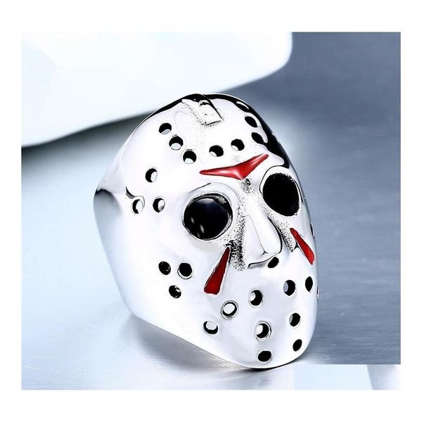 Anelli a fascia Anello da uomo in acciaio al titanio 316L Biker Jason Voorhees Maschera da hockey con gioielli antichi di colore rosso Taglia 714298P Drop Delivery Dhwy7