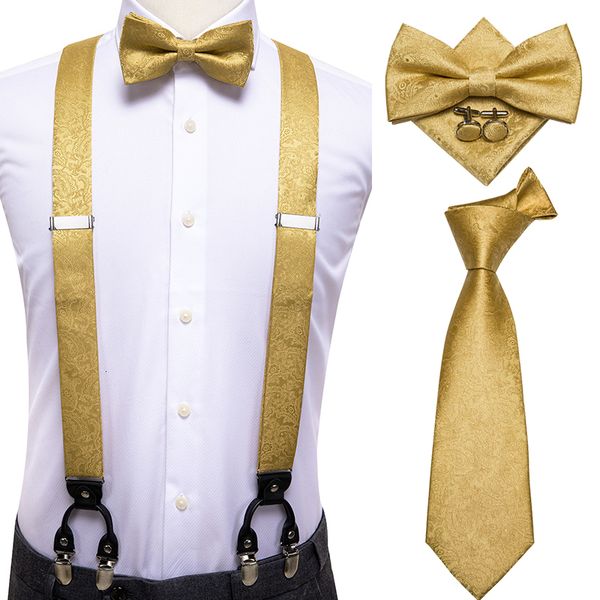 Hosenträger Hitie 100 Seide Erwachsene Herren -Suspender -Set Leder 6 Clips -Zahnspangen Vintage Mode Gold Blumenhochzeitsspanner und Bowtie Set 221205